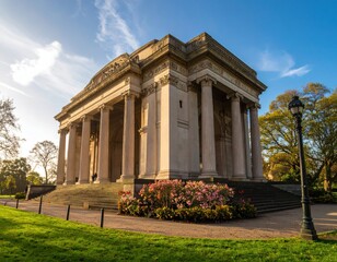 Fototapeta premium Grand stone structure, colonnaded, with steps, and gardens