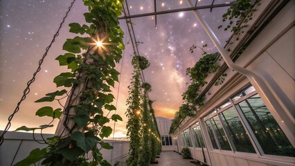 Rooftop garden at night with vibrant plants under a starlit sky