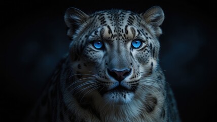 Obraz premium Blue Glowing Eyes of a Snow Leopard in the Dark