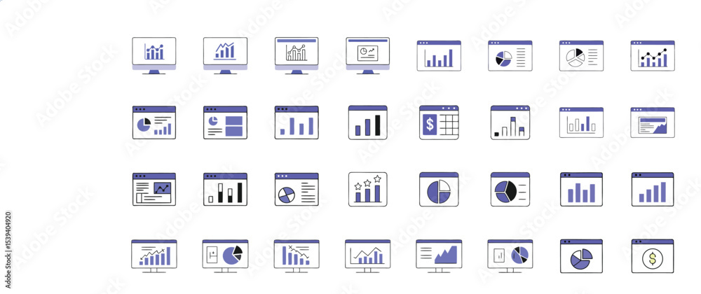 Poster collection of business data analysis illustrations depicting charts and graphs shown on computer mon