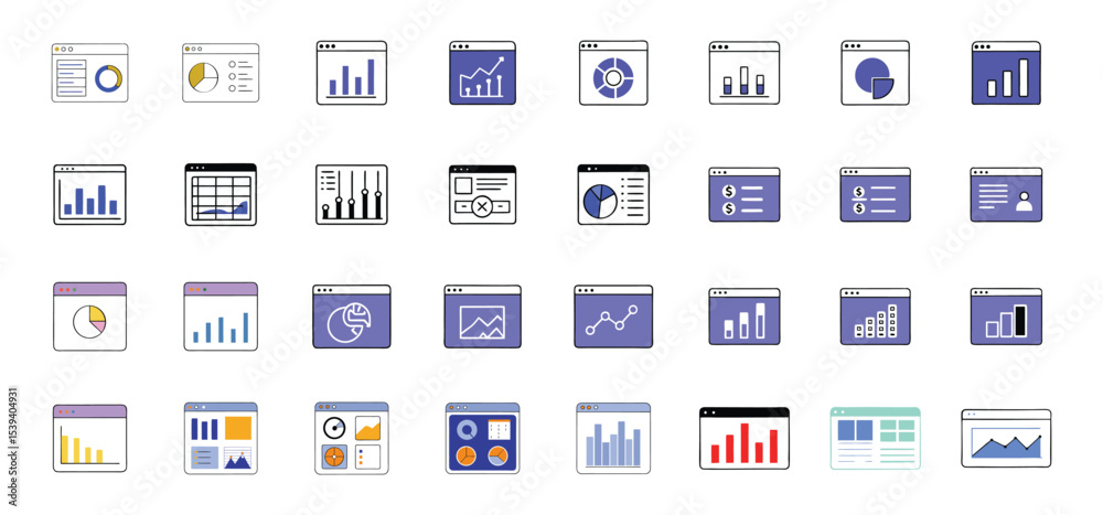 Poster collection of colorful data analysis and business charts presented in a set of website window icons