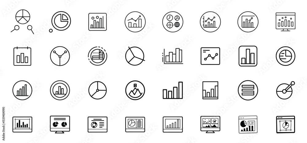 Poster collection of diverse line art data visualization and business analysis charts and diagrams in a sim