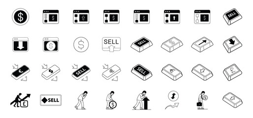 Black and white vector illustration depicting finance trading icons and financial investment concepts