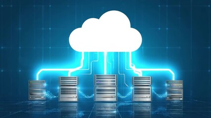 Neon data streams connect server racks to a central cloud, illustrating high-speed cloud computing infrastructure and scalable network storage. - Powered by Adobe