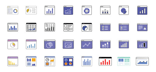 Collection of colorful data analysis and business charts presented in a set of website window icons