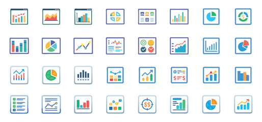 Collection of colorful data charts and business statistics icons representing financial growth and progress clearly