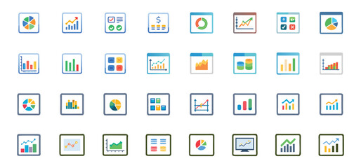 Collection of colorful modern charts and graphs icons representing diverse financial analysis concepts