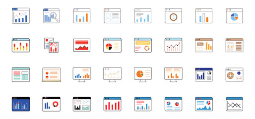 Collection of colorful graphic illustrations depicting various data analysis and business financial statistical charts.