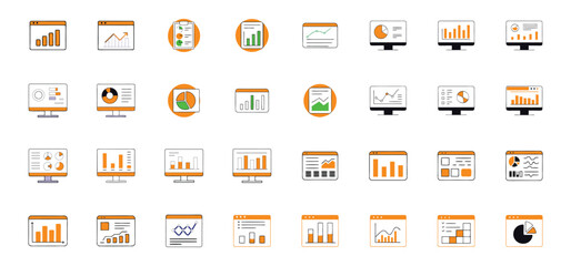 Collection of data analysis icons showcasing various charts and graphs used for business intelligence and financial reporting