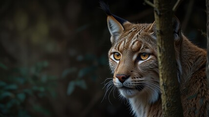 Fototapeta premium Golden Glowing Eyes of a Lynx Hidden in the Shadows