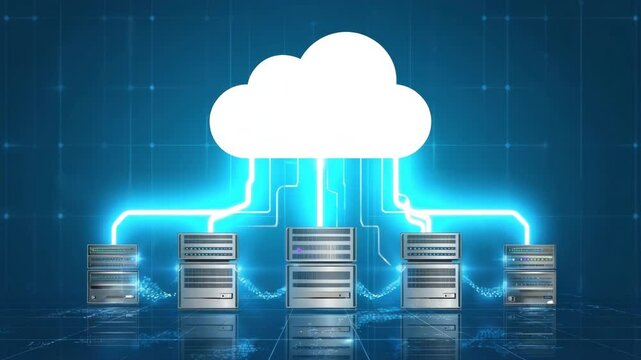 Neon data streams connect server racks to a central cloud, illustrating high-speed cloud computing infrastructure and scalable network storage. - Powered by Adobe