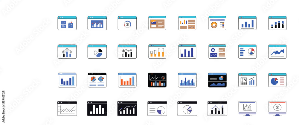 Fototapete Diverse collection of statistical data charts and graphs within computer window icons for analysis and reporting.
