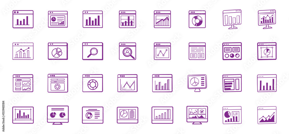 Poster hand-drawn collection of business charts and graphs displayed in website or software windows for ana