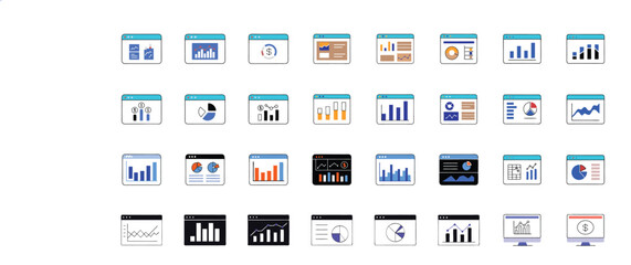 Diverse collection of statistical data charts and graphs within computer window icons for analysis and reporting.