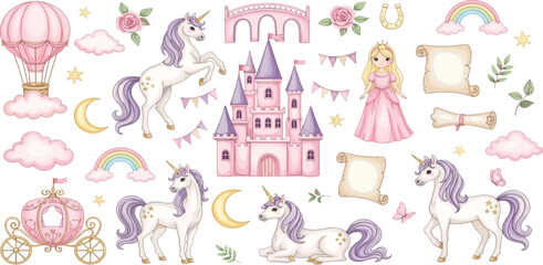 Watercolor clipart with Unicorns and princess castle in pastel pink and beige colors for Baby girls. Illustration of balloon, stars and clouds for childish design. Fantasy carriage and garlands.