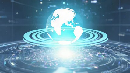 Glowing holographic Earth floating above digital interface representing global technology and connectivity. - Powered by Adobe