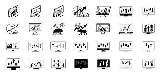 Vector illustration set of various financial charts and trading graphs on digital computer screens