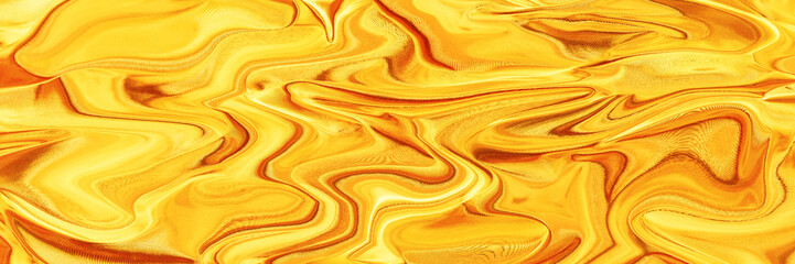 Yellow lemon orange amber gold golden abstract background. Wave wavy swirl line curved liquid fluid marble mix twirl. Bright vibrant colorful. Psychedelic crazy distortion funky. Design. Wide banner.