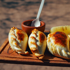 Empanadas de carne sobre tabla de madera