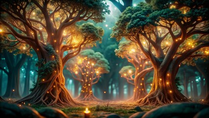 Enchanting forest scene with glowing trees nature fantasy scene