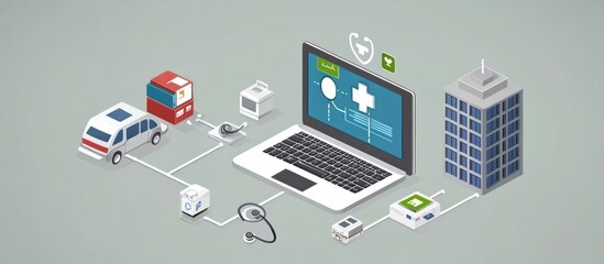 Isometric illustration showcasing connected healthcare technology and infrastructure