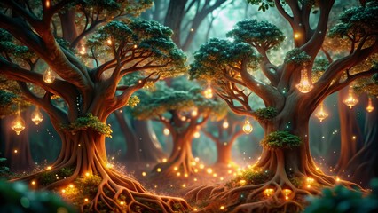 Enchanting Illuminated Forest Trees Fantasy Nature Scene