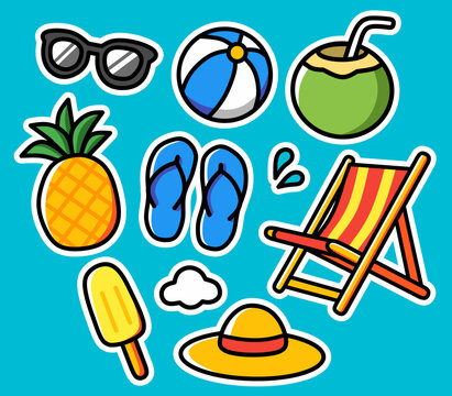 Summer Vacation Sticker Set - Beach, Fruits, and Fun Elements in Cartoon Style