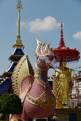 The statues of animals in Thai literature and monks are Thai art that decorate the front of the pagoda at Wat Den Sali Si Mueang Kaen temple. Located at Cheng Mai Province in Thailand.
