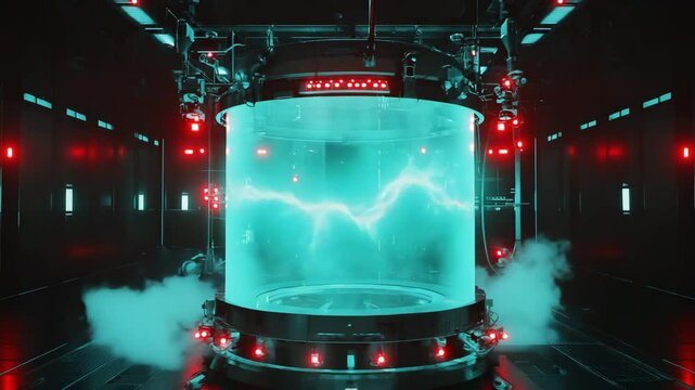 A futuristic cylindrical containment chamber in a dark sci-fi lab generating swirling turquoise energy under red surveillance lights.