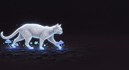 Fototapeta premium Cat Day: Ethereal Glowing White Cat with Bioluminescent Mushrooms at Night