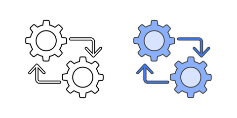 CI/CD pipeline icon with connected gear icons and directional arrows, in outline and color styles, ideal for illustrating continuous integration and deployment in cloud development workflows.