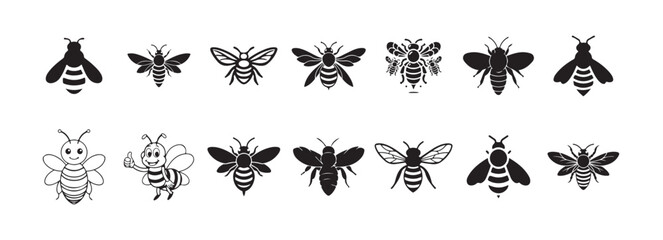 Black silhouette of Bee Icon Set. different bee icons silhouette, honey bee icon simple thin line vector illustration eps 10.
