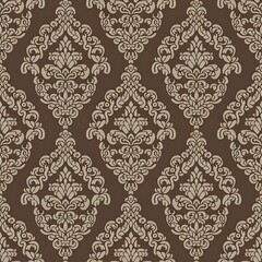 Fototapeta premium Elegant damask pattern showcasing intricate floral motifs on a deep chocolate background