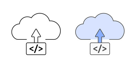 Code deployment icon with a cloud, upload arrow, and file or code symbol, in outline and color styles, ideal for illustrating software delivery and application updates in cloud environments.