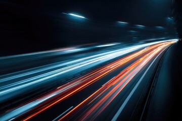 Night highway lights streak through dark tunnel