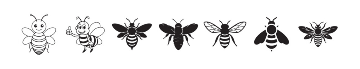 Flying bee icon isolated on white background,  black color bee silhouette icon. Bee icons. Vector illustration eps 10.