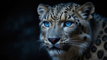 Blue Glowing Eyes of a Snow Leopard in the Dark