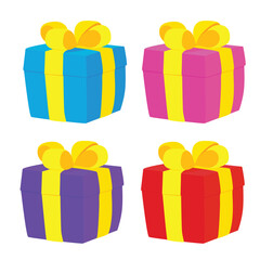 Flat vector set of vibrant gift boxes in red, pink, purple, and blue with yellow ribbons and bows. Perfect for use in party invites, celebration graphics, or festive-themed illustrations.