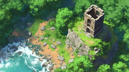 Aerial view of a coastal ruins surrounded by lush greenery and rocky shore.
