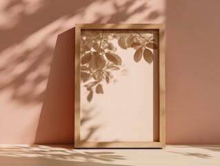 Wooden Picture Frame Mockup Leaning Against a Soft Pink Wall with Leaf Shadows in Natural Light