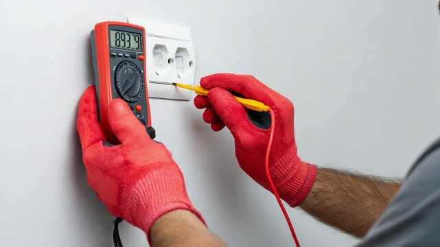 Electrician Using Multimeter to Test Voltage in Wall Outlet with Red Gloves and Equipment for Safe Measurement