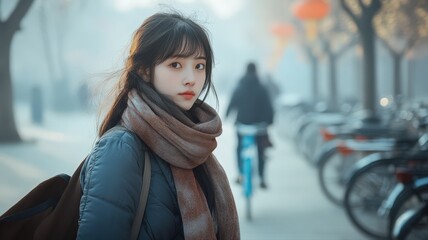 Fototapeta premium Chinese Girl Wearing Scarf on a Foggy Morning in a Calm Urban Street with Bicycles