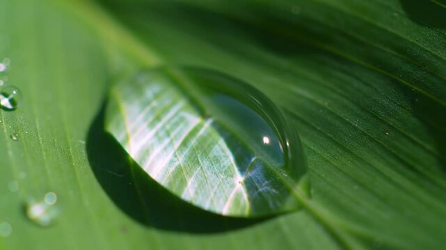Extreme close-up of a single water drop falling on a leaf in slow motion