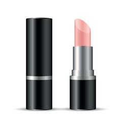 Obraz premium Open nude pink lipstick in black tube with cap, realistic cosmetic vector mockup