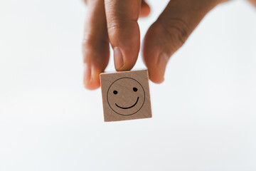 Client show feedback, smiley face sign. Service rating, satisfaction concept. happy smile face, good feedback rating, positive customer review, experience, satisfaction survey, smiley mental health.