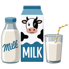 dairy products milk packing and glass vector illustration isolated on white background