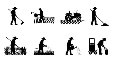 Farming Silhouettes Set: Tractor, Farmer, Agriculture, Rural Life, Planting, Harvesting, Irrigation, Field Work