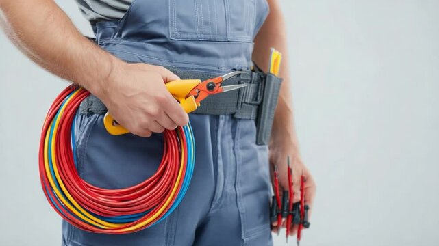 Electrician Holding Colorful Cables and Tools in Workwear Ready for Home Installation or Repair Tasks