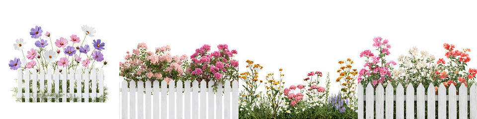 Obraz premium Colorful flowers blooming in a garden behind a white picket fence