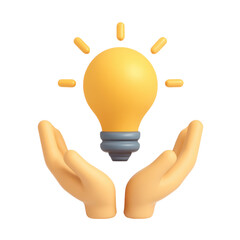 3D of Hands cradling a glowing light bulb symbolizing innovation and support